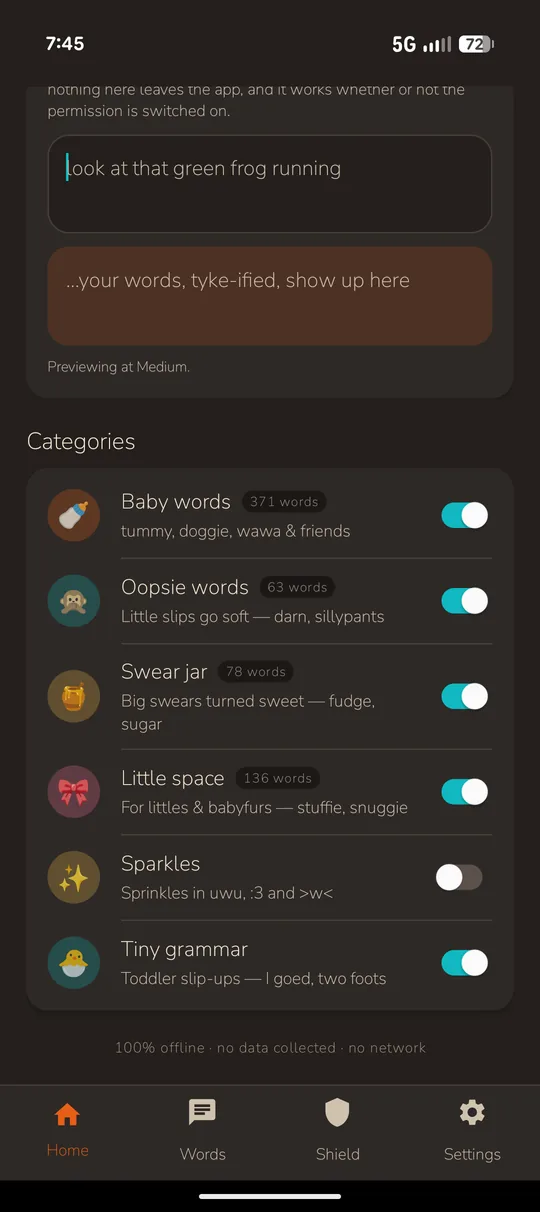 The same categories list in dark mode.