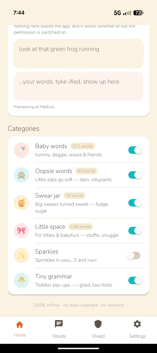 The categories list: Baby words (371 words), Oopsie words (63), Swear jar (78), Little space (136), Sparkles and Tiny grammar, each with an example and a switch, above the note “100% offline · no data collected · no network”.