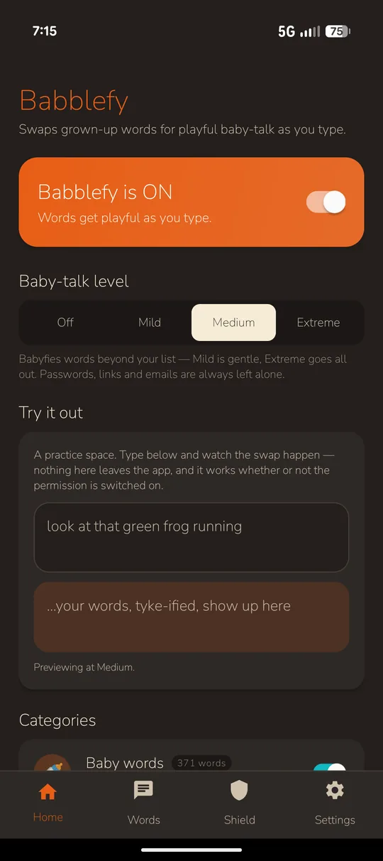 The same Home screen in dark mode.
