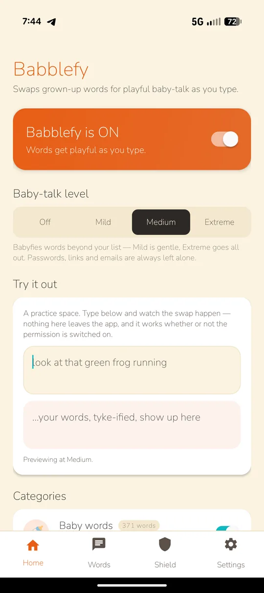 Babblefy's Home screen: an orange card reading “Babblefy is ON, words get playful as you type”, the baby-talk level set to Medium, and the Try it out practice box.