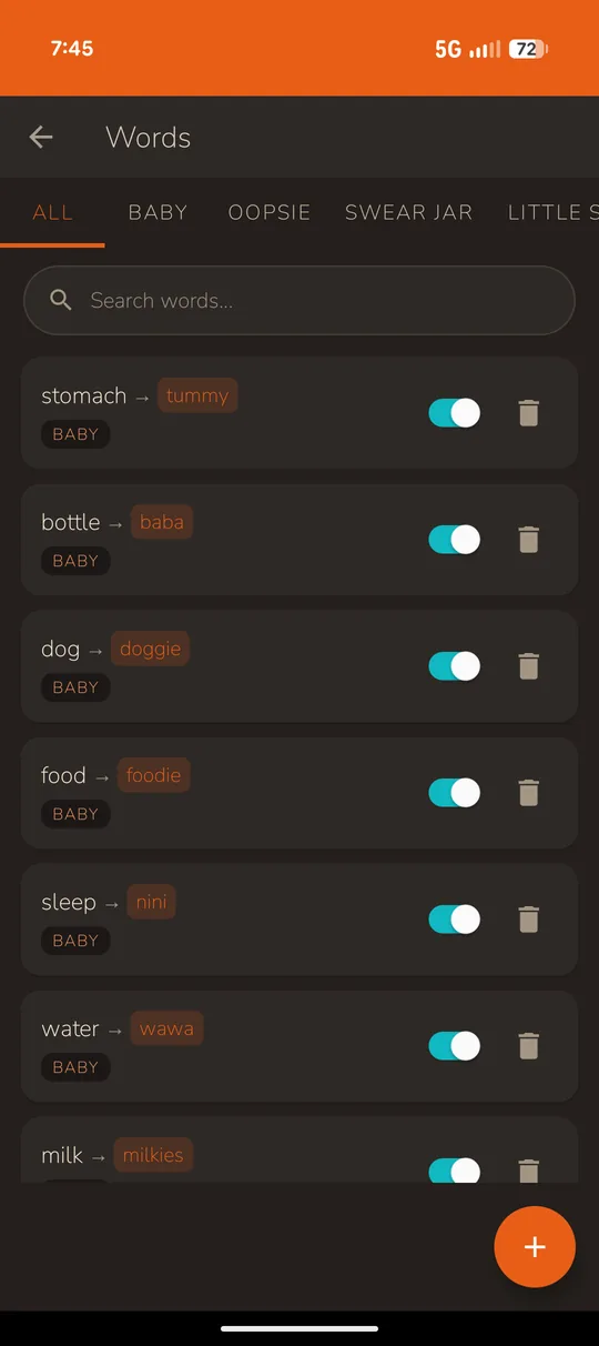 The same Words screen in dark mode.