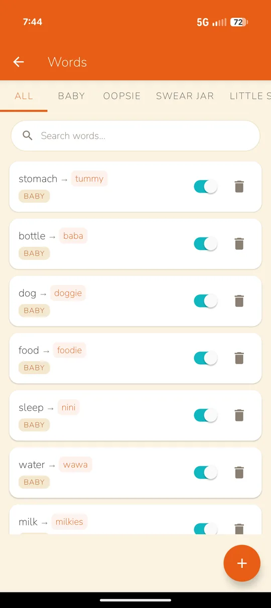 The Words screen: a searchable list of swaps such as stomach to tummy, bottle to baba, dog to doggie and water to wawa, each with its own switch and a delete button.